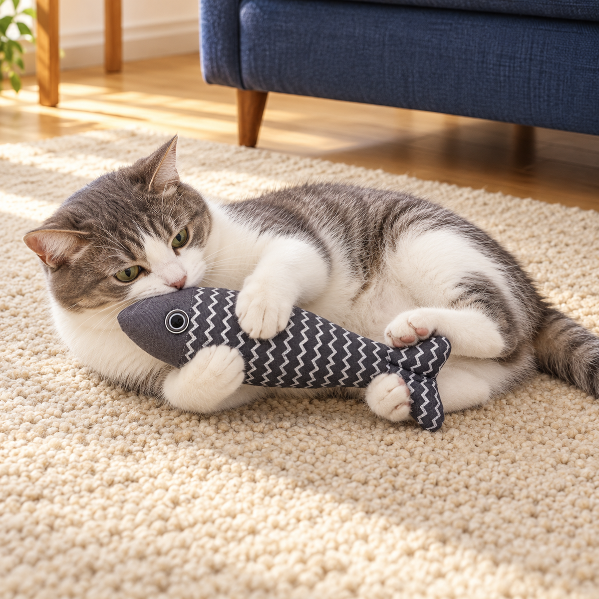 Grey-and-white cat holding a navy linen fish kicker toy