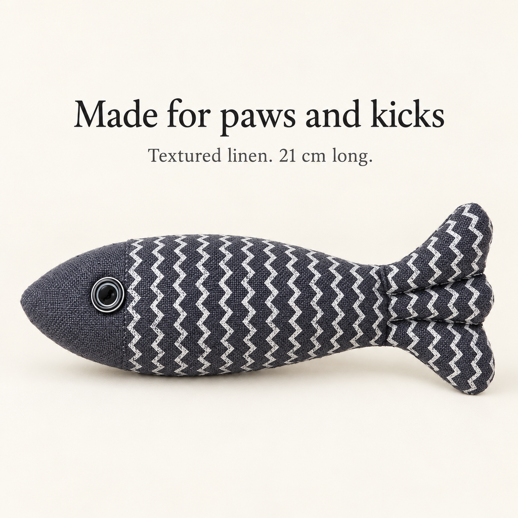 Navy linen fish zigzag fabric and stitched tail detail