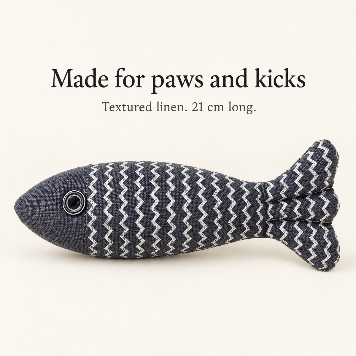 Navy linen fish zigzag fabric and stitched tail detail
