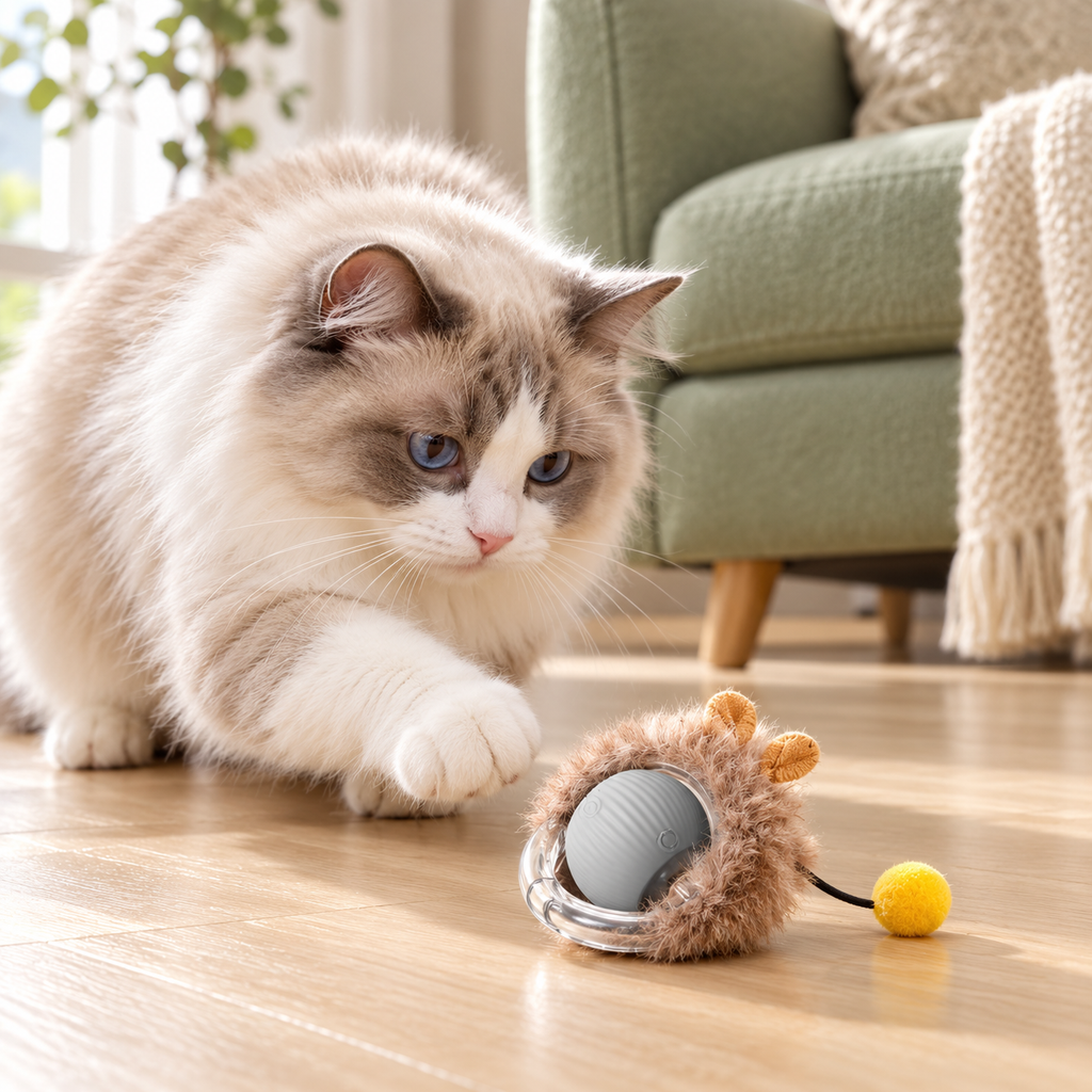 Ragdoll cat playing with grey Pawlytek rolling plush mouse toy