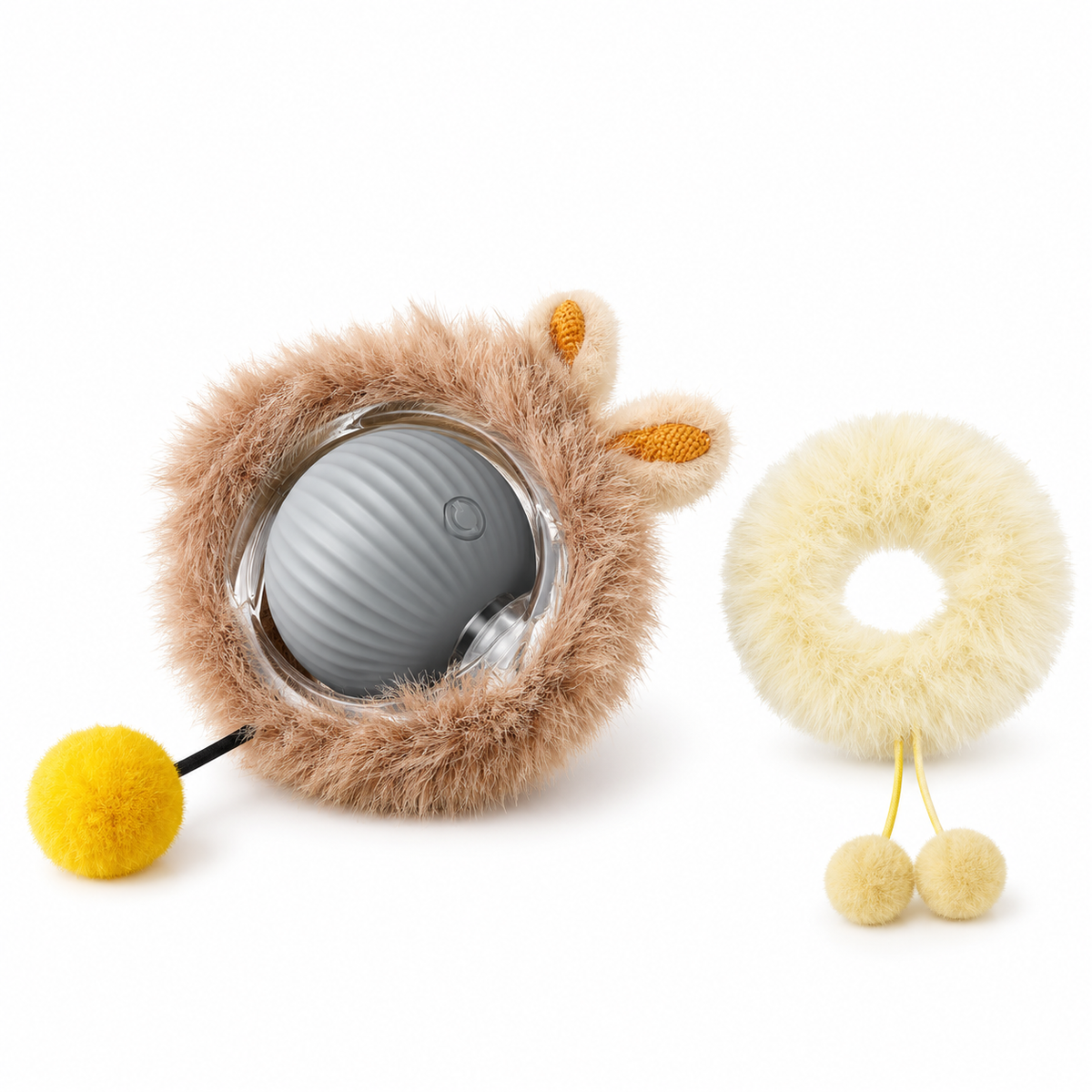 Grey Pawlytek rolling toy and plush covers on white background