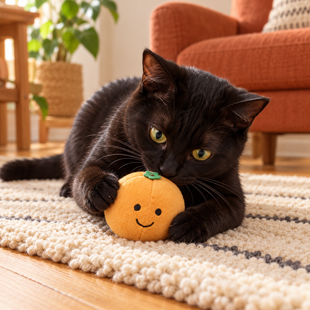 Black cat playing with Petface orange plush toy in an apartment