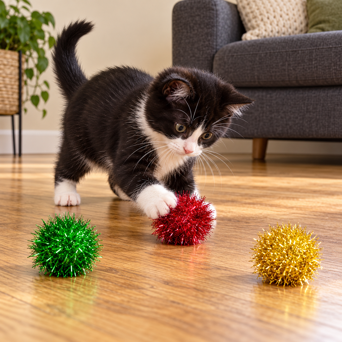 Tuxedo cat batting a red sparkle pom-pom ball