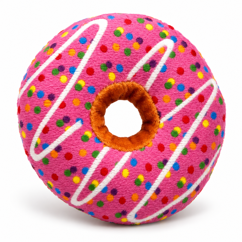 Pink strawberry donut plush cat toy on white background