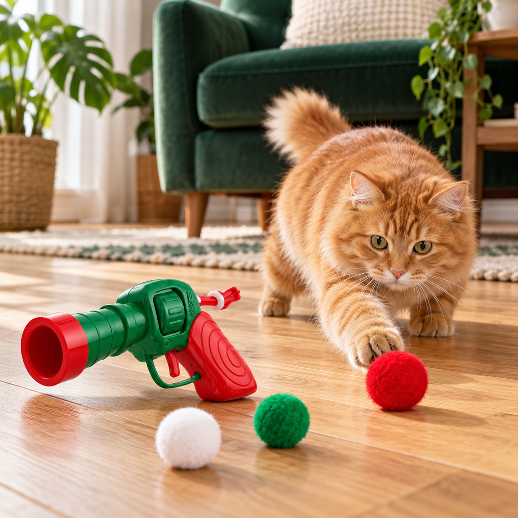 Ginger cat chasing a soft ball beside a TEAWOO toy launcher