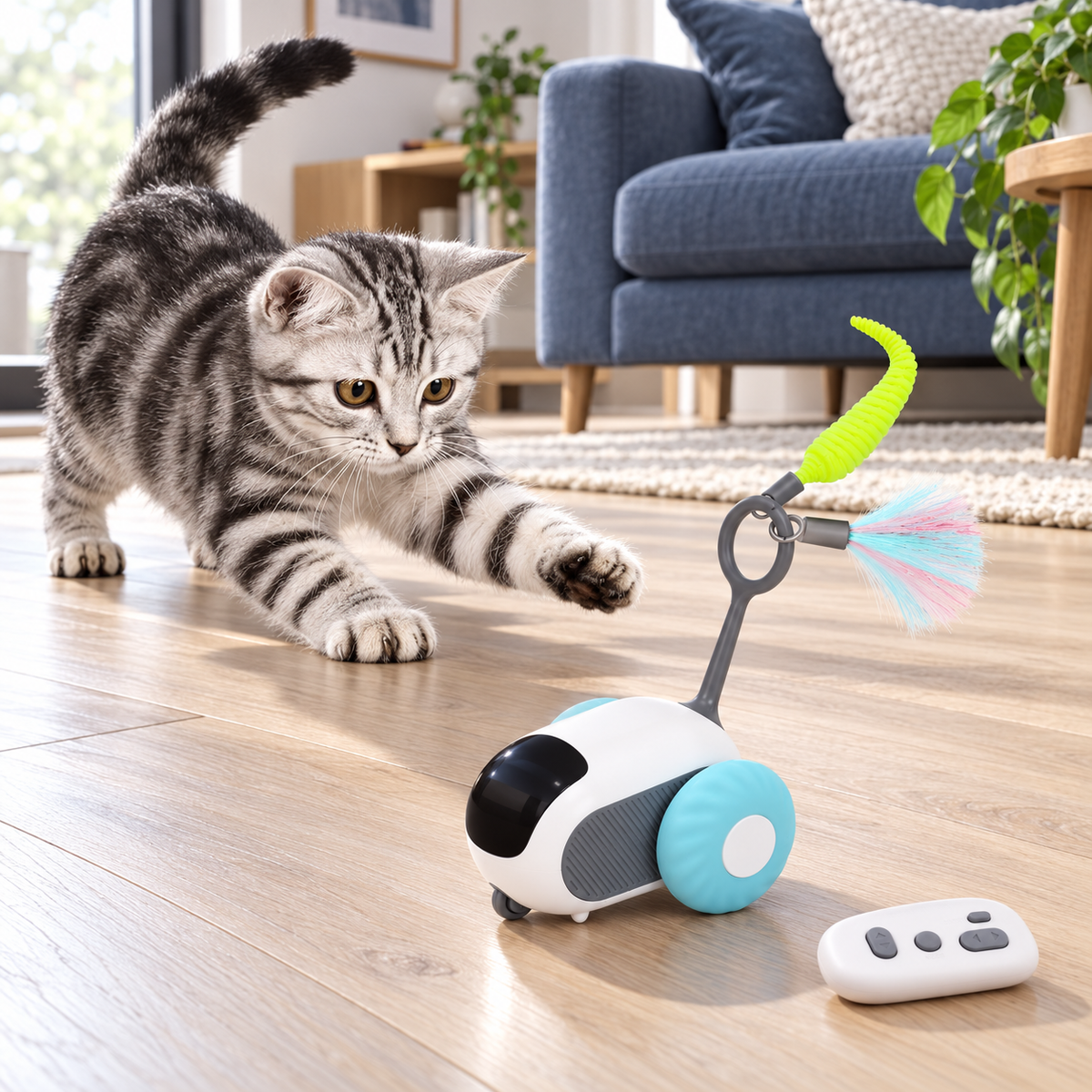 Tabby cat playing with blue Turbo Tail toy in an apartment