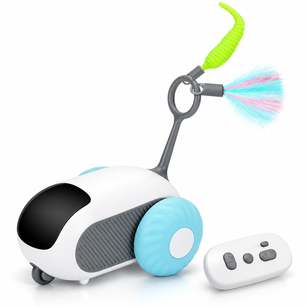 Blue Turbo Tail cat toy and remote on white background