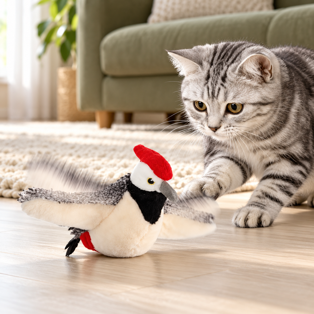 Silver tabby playing with flapping plush woodpecker on apartment floor