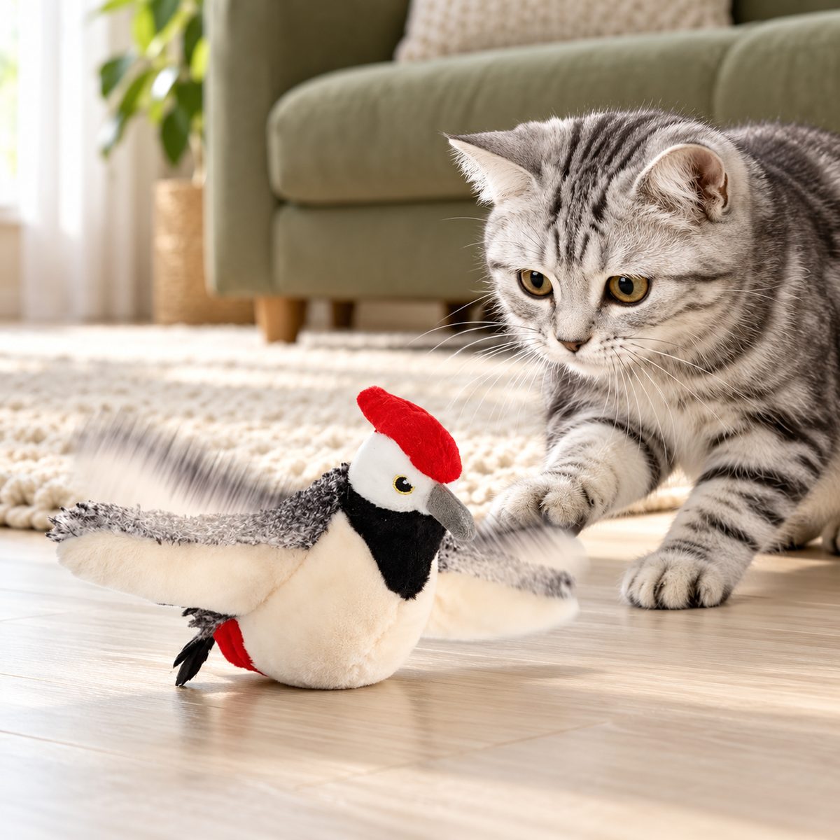 Silver tabby playing with flapping plush woodpecker on apartment floor