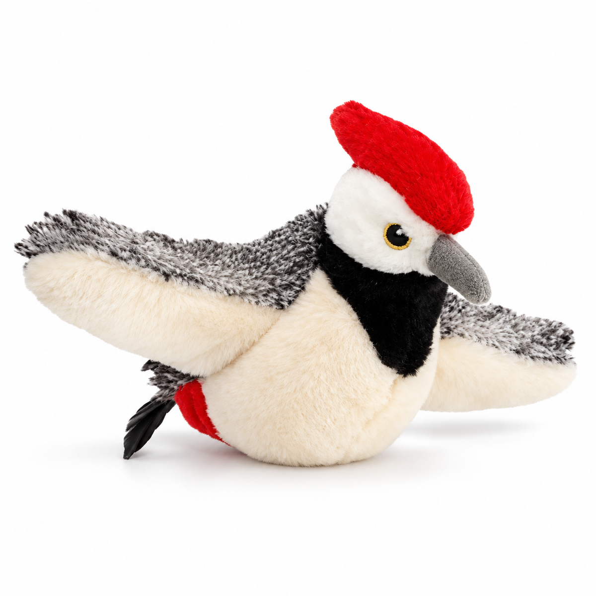 Plush woodpecker cat toy on white studio background