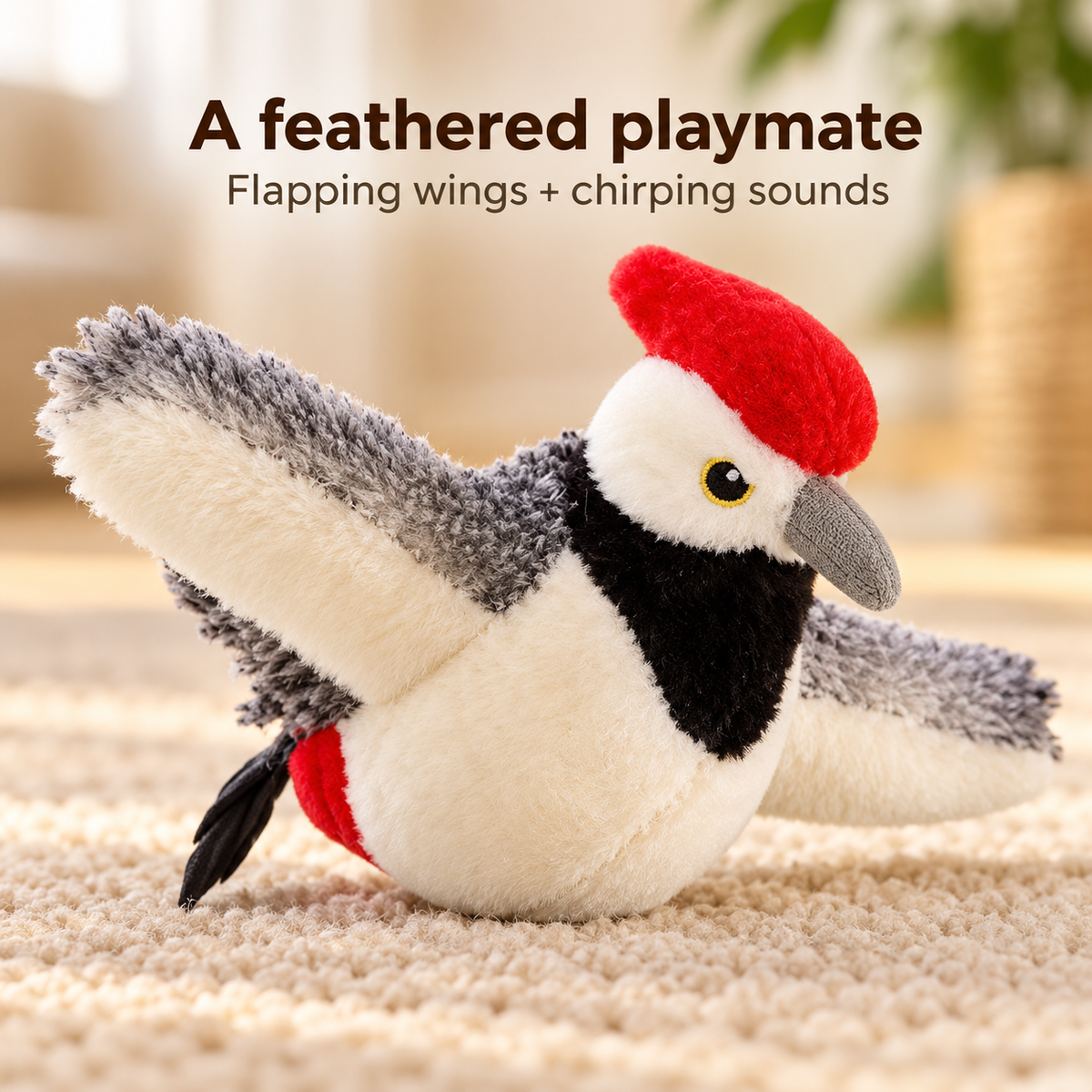 Soft wing and red crest detail on chirping woodpecker cat toy