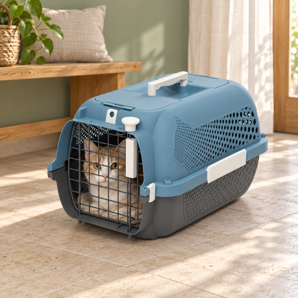 Cat in blue and grey Catit carrier in a sunlit entryway