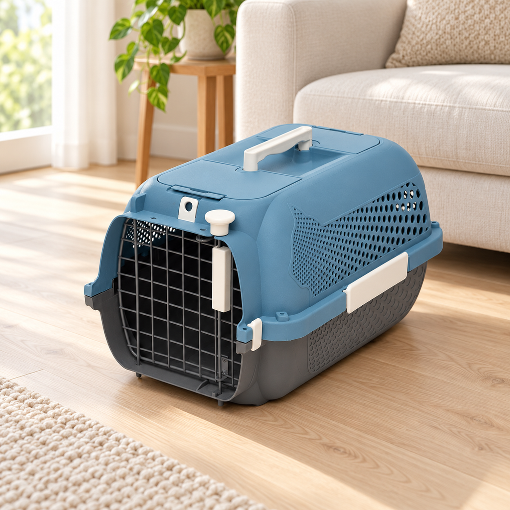 Empty blue and grey Catit carrier beside a sofa