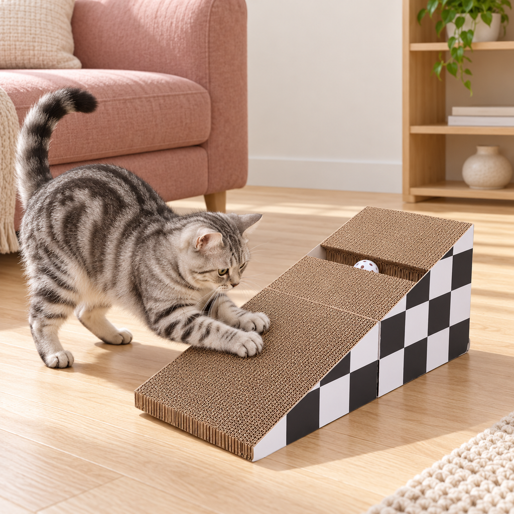 Silver tabby scratching a checkerboard cardboard ramp in a rose-toned living room