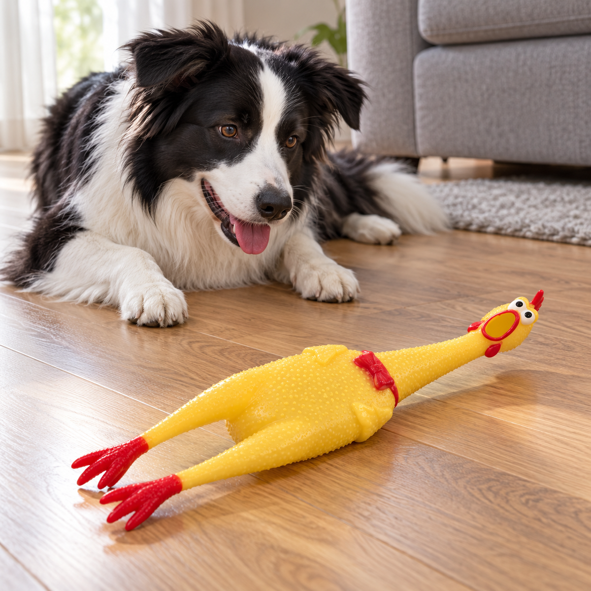 Border collie beside the yellow 40 cm squeaky chicken dog toy on a wooden living-room floor