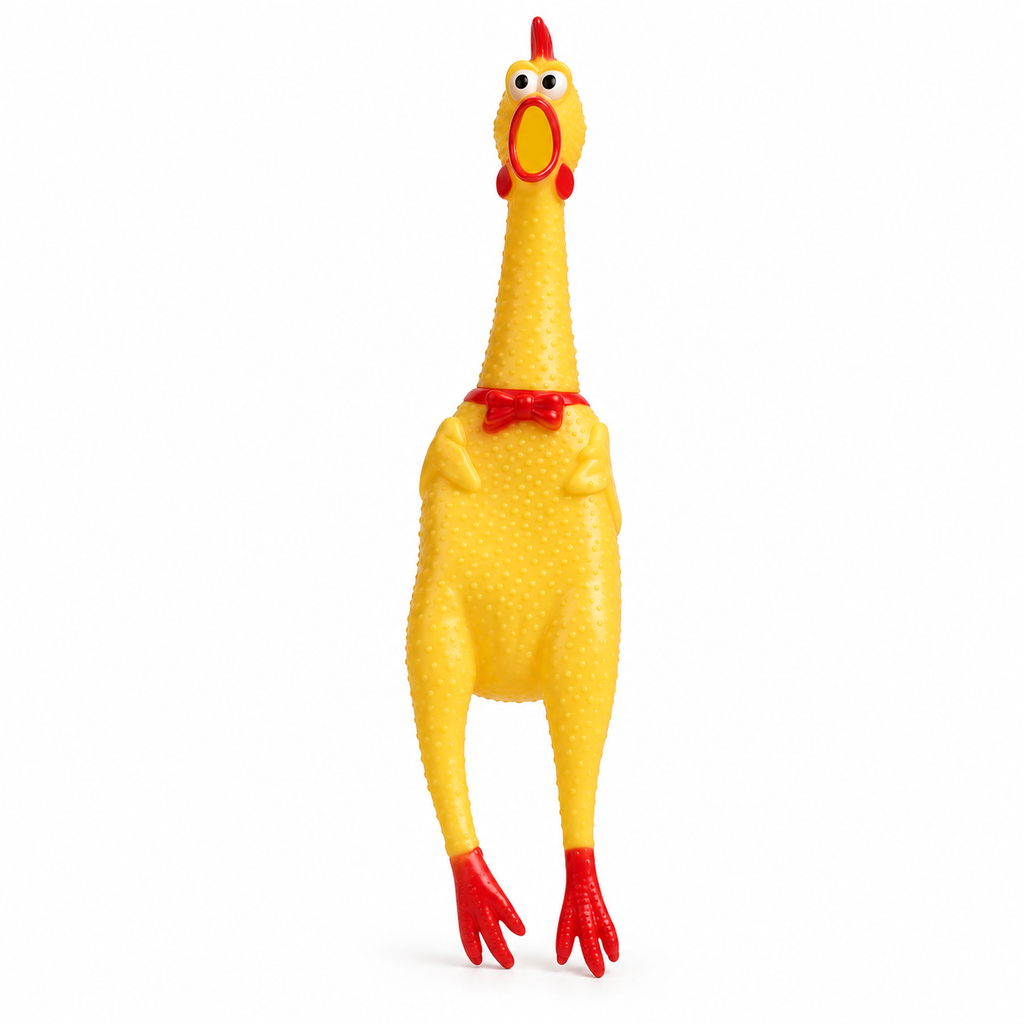 Full product view of the yellow 40 cm squeaky chicken dog toy with red details on a white background