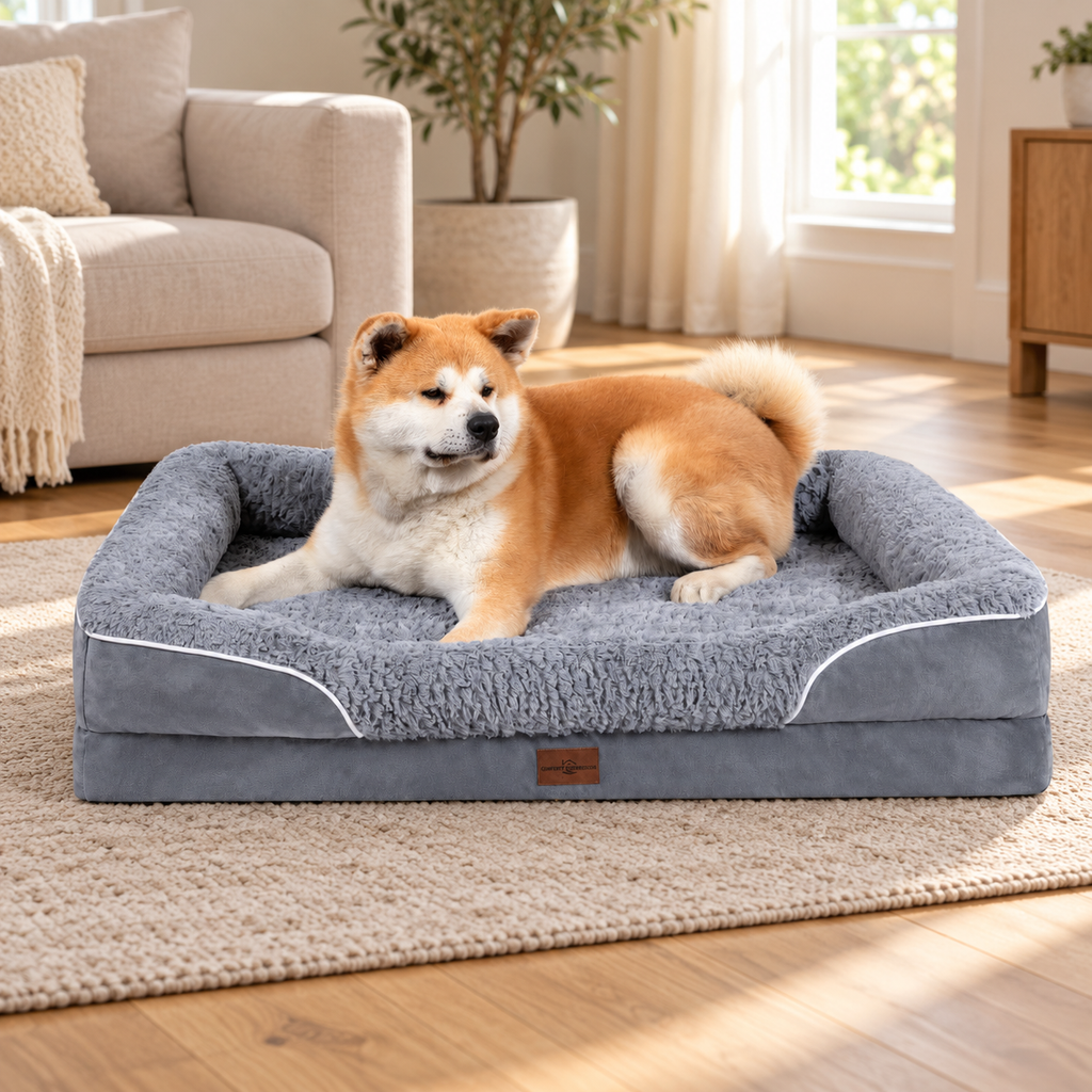 Grey orthopedic dog bed with Akita in living room