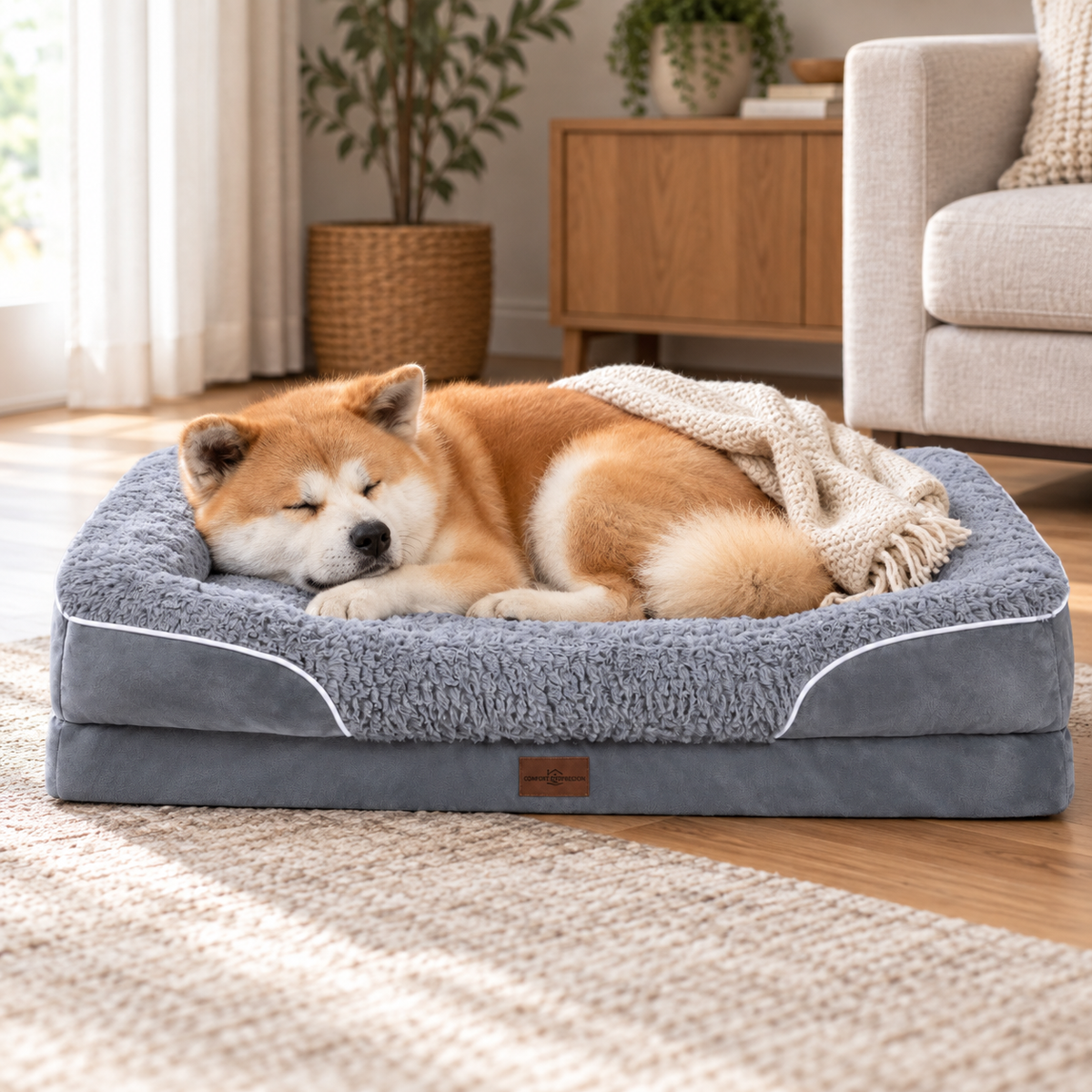 Akita sleeping in grey bed; blanket shown for styling