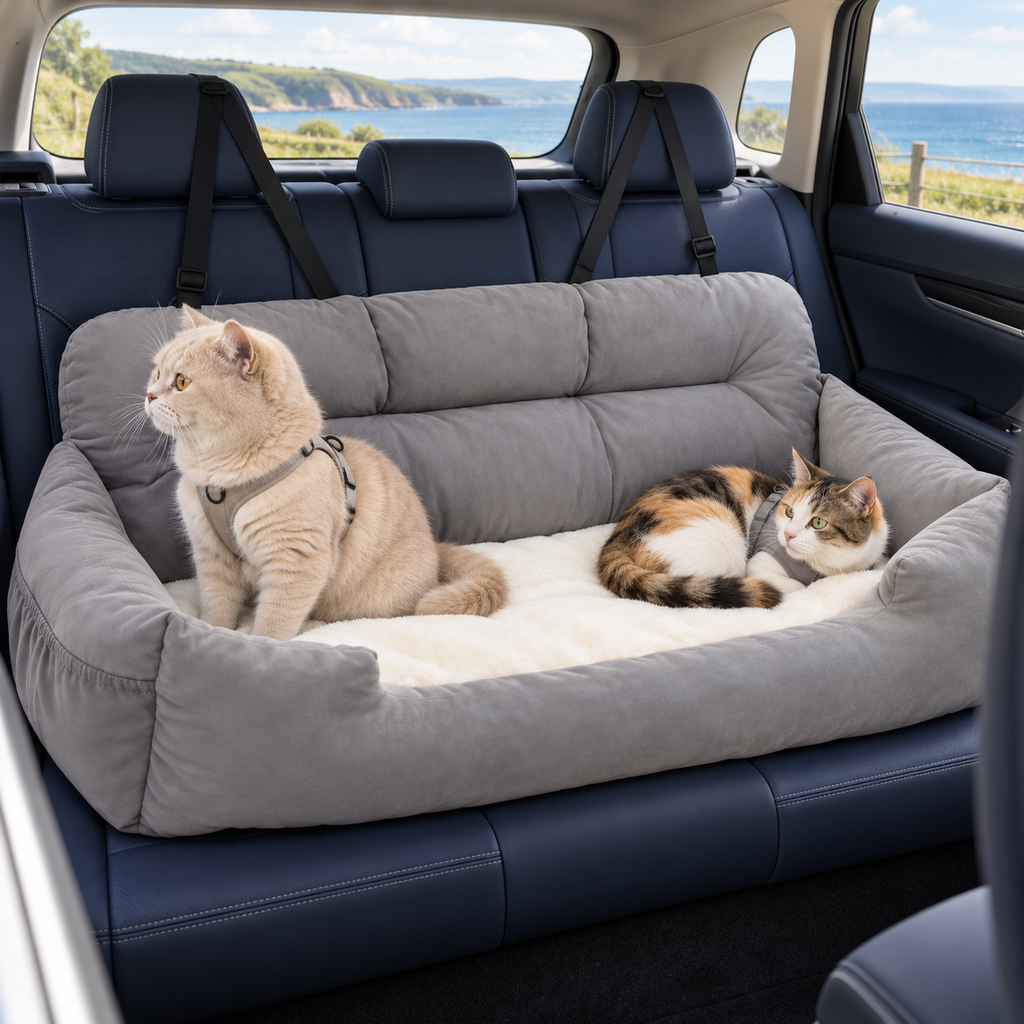 Two cats resting in a light grey rear-seat travel bed