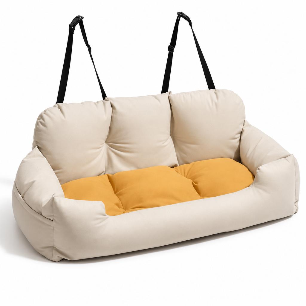 Beige and mustard rear-seat pet bed on white background