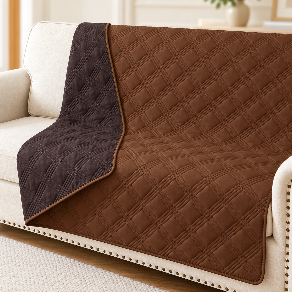 hyha Reversible Waterproof Sofa Throw Cover – Brown/Chocolate, 68 × 82 in – material detail