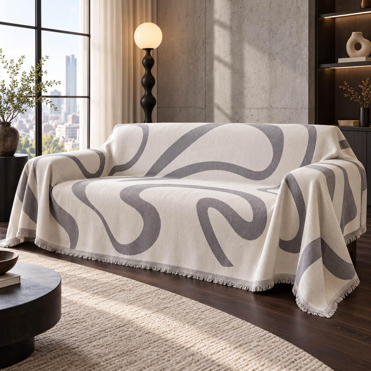 MYSKY HOME Curve Jacquard Sofa Throw Cover – Grey, 71 × 118 in – living room