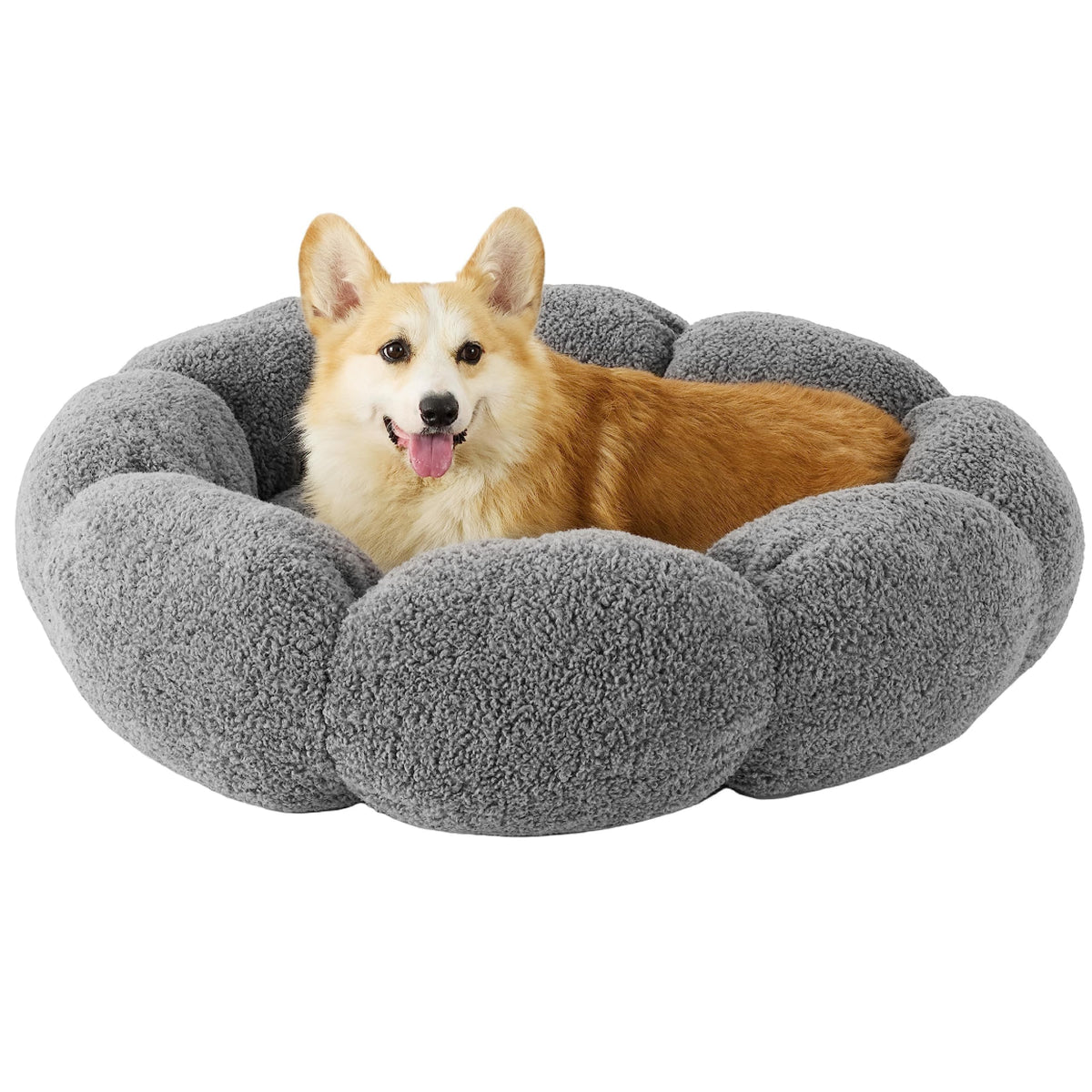 Lesure 36-Inch Flower Donut Dog Bed in Plush Teddy Sherpa – Machine Washable, Grey