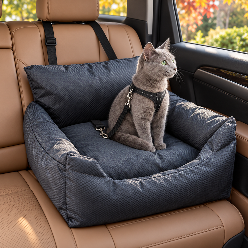 Dark grey car seat with a Russian Blue cat on a parked vehicle rear seat