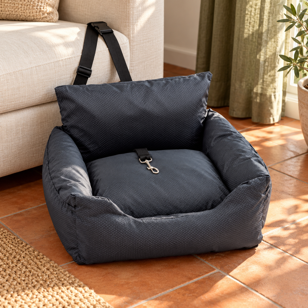 Empty dark grey pet seat on a terracotta apartment floor