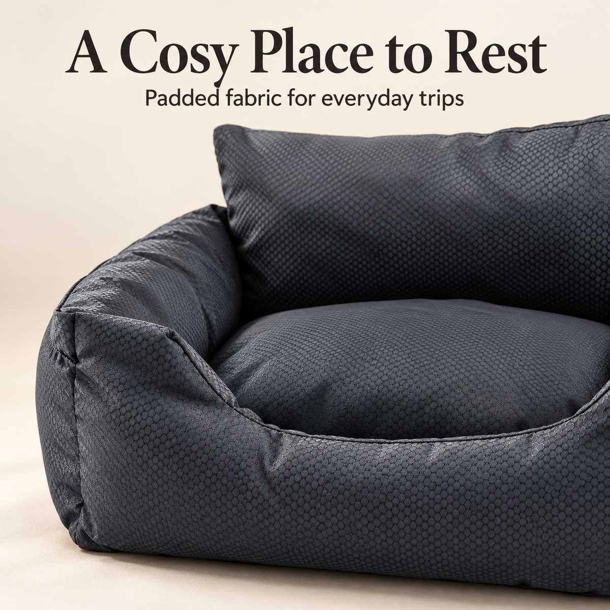 Padded grey fabric pet seat close-up