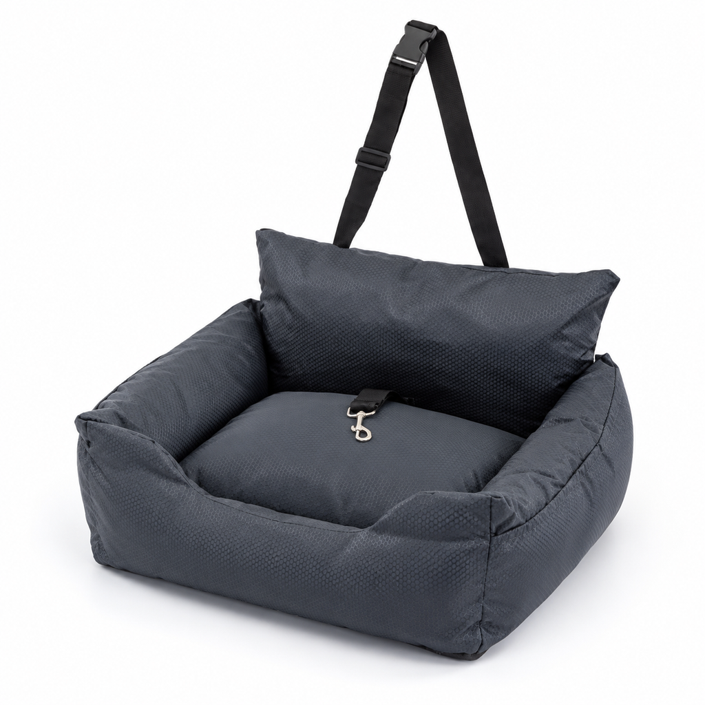 Empty dark grey pet car seat on a white background