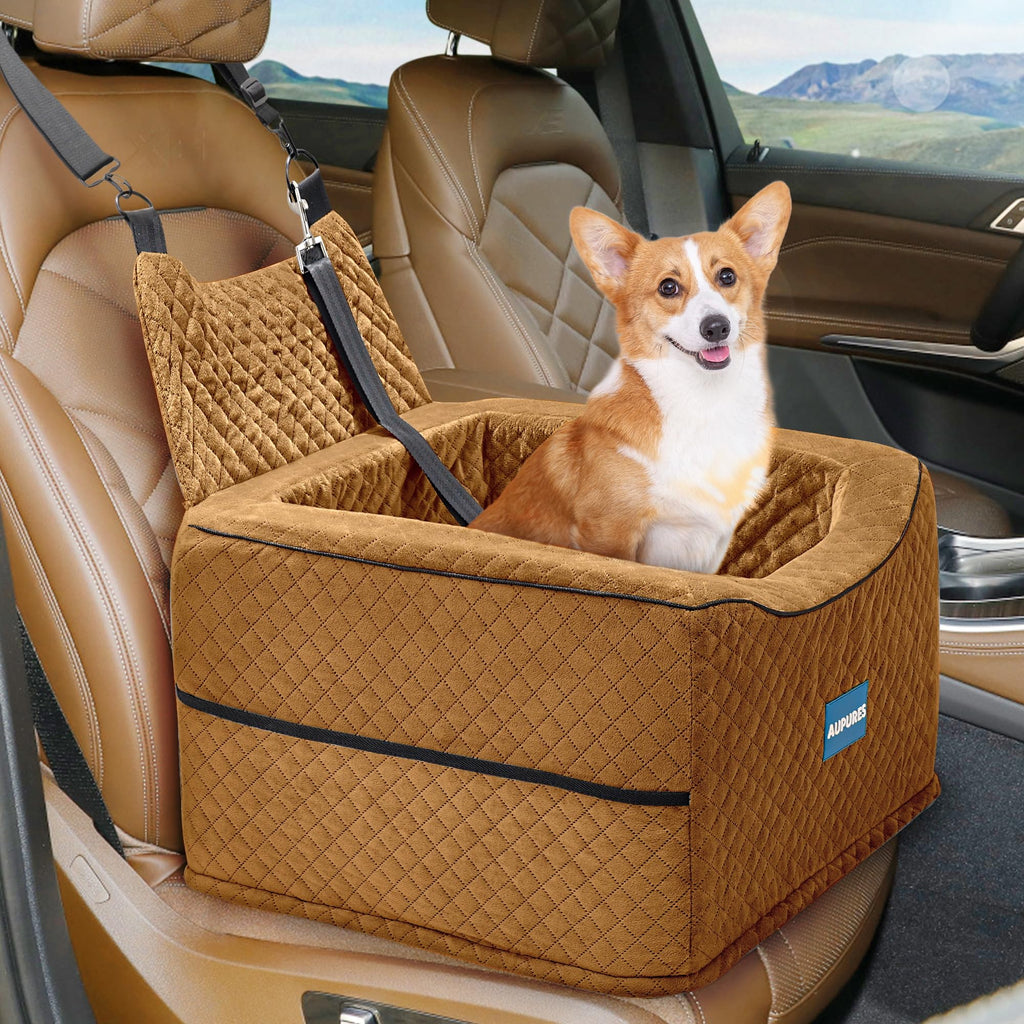 Aupures Adjustable-Height Pet Booster Car Seat with Removable Cushion – Brown, Under 40 lbs