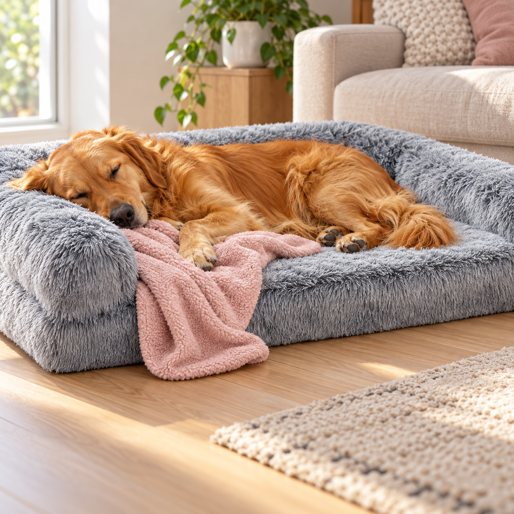 DEBANG HOME Waterproof Orthopedic Dog Sofa Bed with Removable Washable Cover – Medium – dog cuddling with blanket, alternate angle