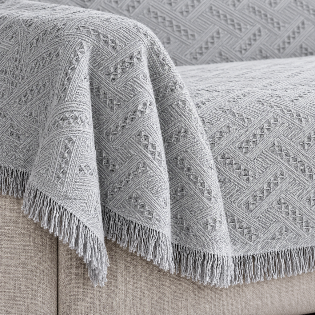 Deep Dream Geometric Jacquard Sofa Throw Cover – Light Grey, 91 × 134 in — fabric detail