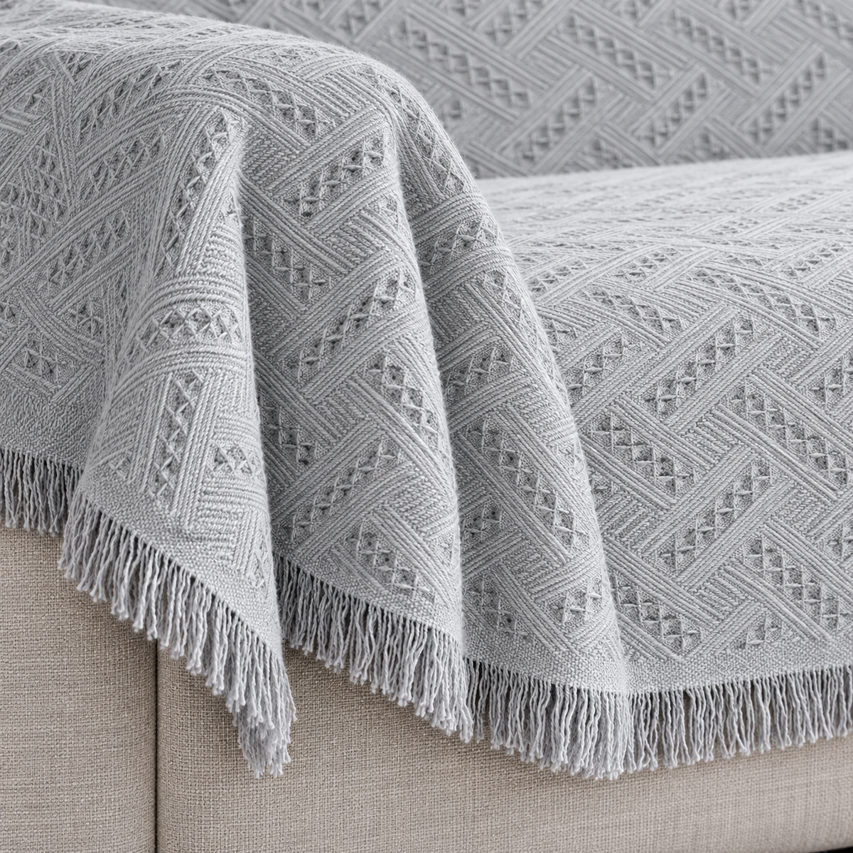 Deep Dream Geometric Jacquard Sofa Throw Cover – Light Grey, 91 × 134 in — fabric detail