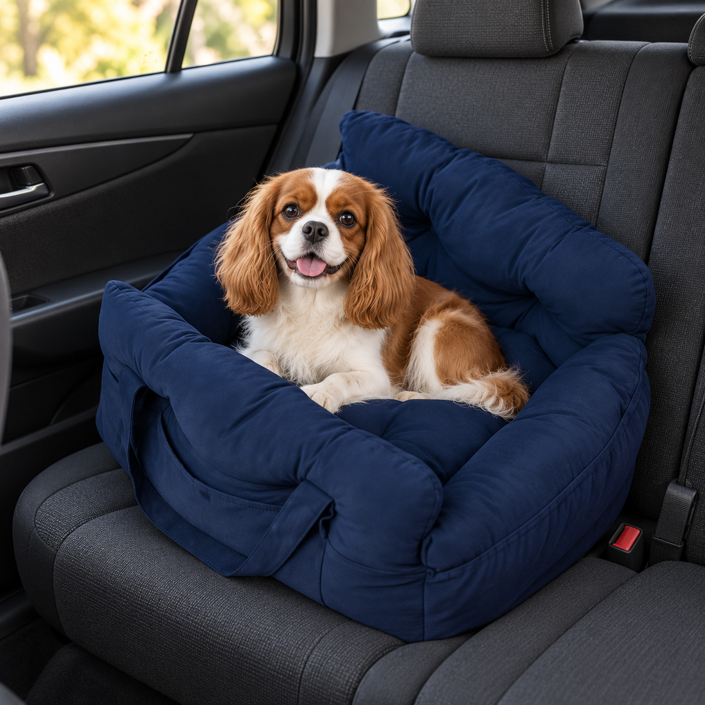 Navy cushioned dog car seat bed with a dog in a car