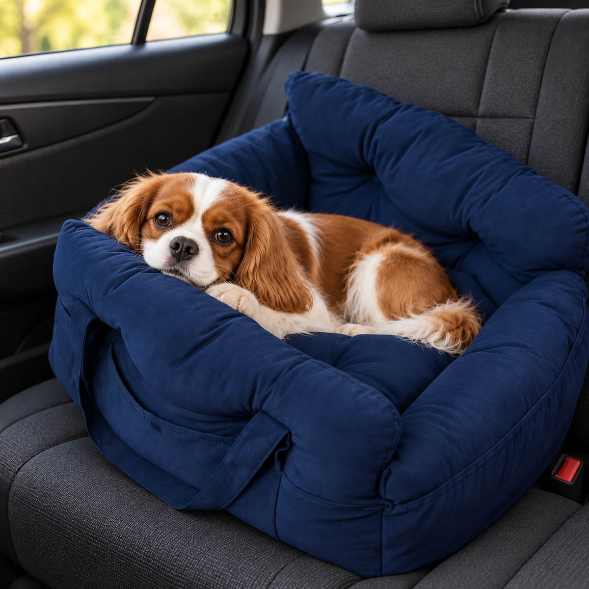 Close-up of dog resting on padded navy car bed