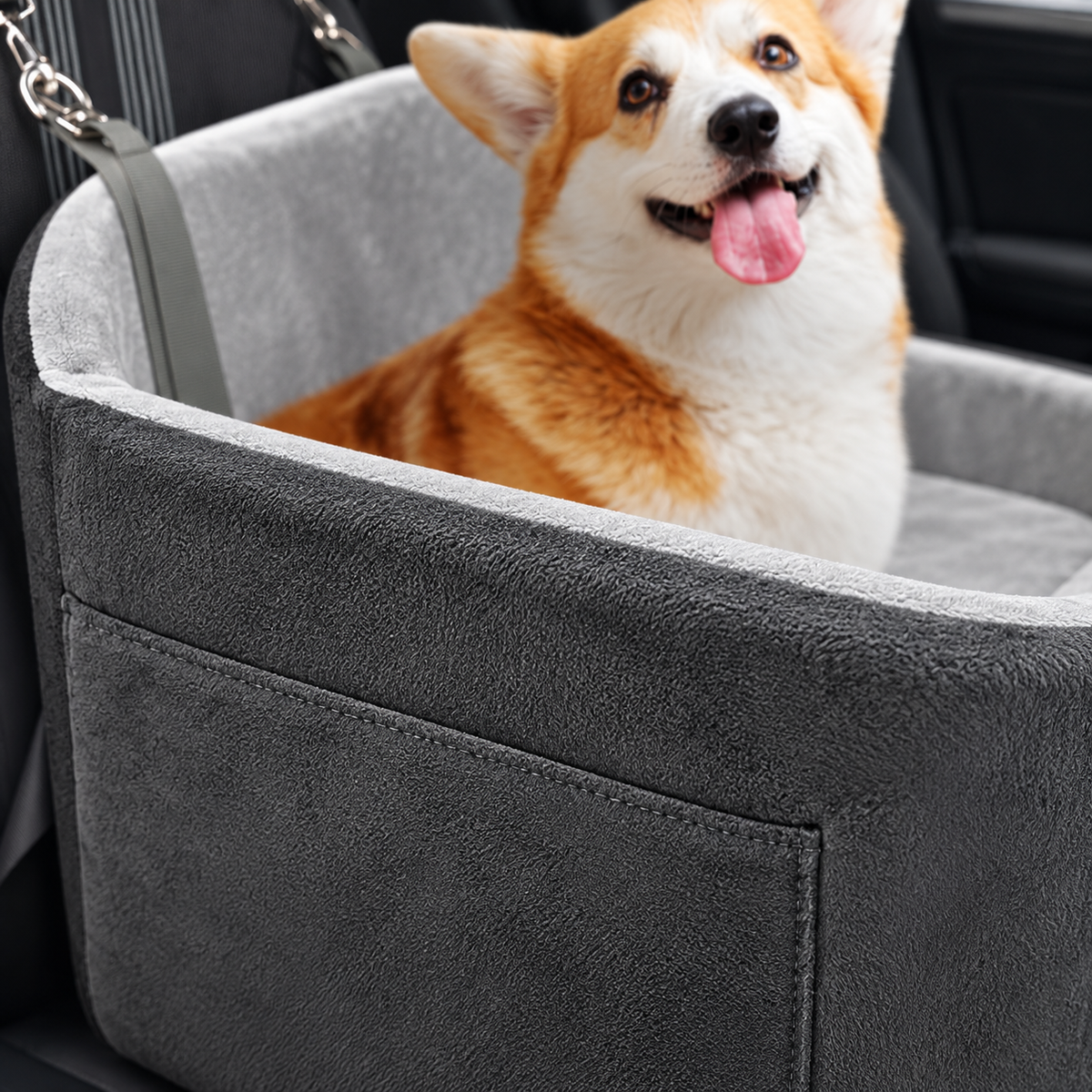 ONE PIX Raised Dog Car Booster Seat – Grey, Up to 30 lb – detail view with dog