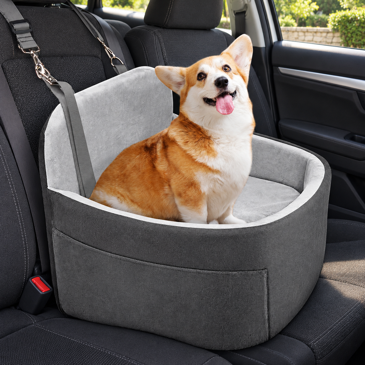 ONE PIX Raised Dog Car Booster Seat – Grey, Up to 30 lb – main view with dog
