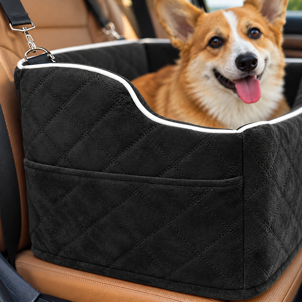 Memory Foam Dog Car Booster Seat – Black, 19 × 17 × 17 in – detail view with dog