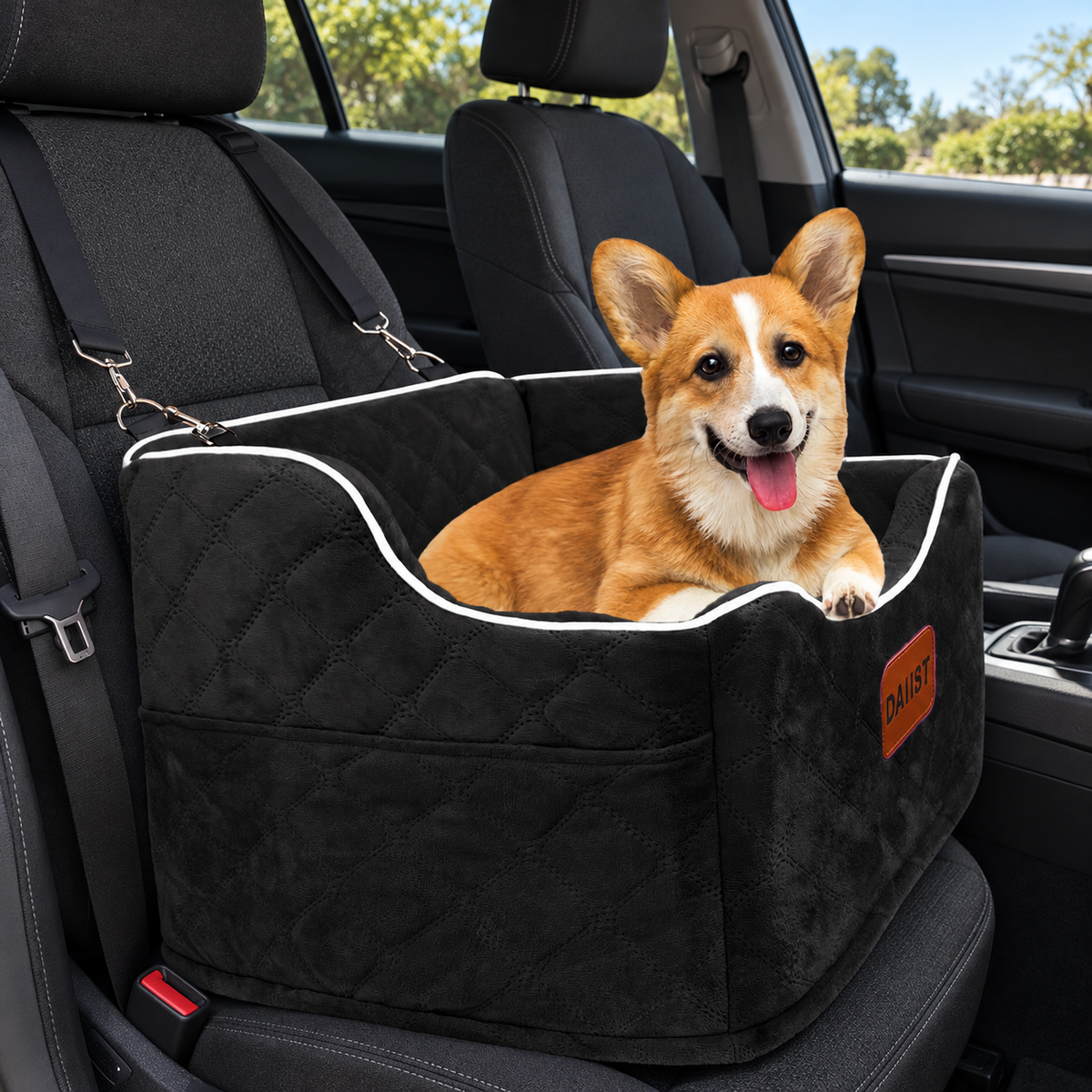 Memory Foam Dog Car Booster Seat – Black, 19 × 17 × 17 in – main view with dog