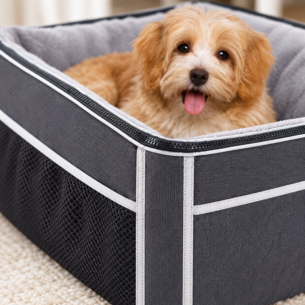 NOBLE DUCK Collapsible Dog Car Seat with Plush Liner – Black – detail view with dog