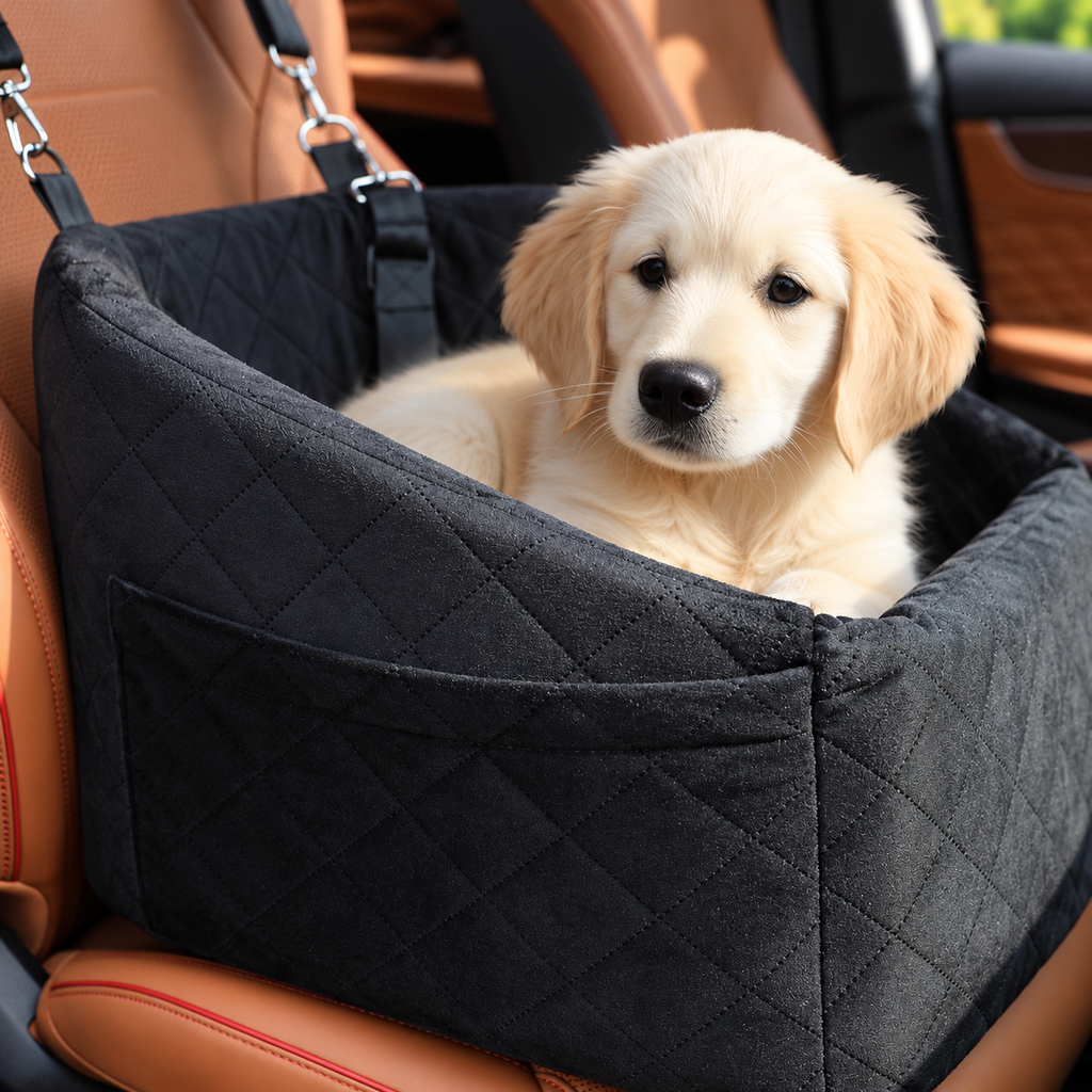 XBwig Foam Dog Car Booster Seat – Argyle Black, Up to 30 lb – detail view with dog