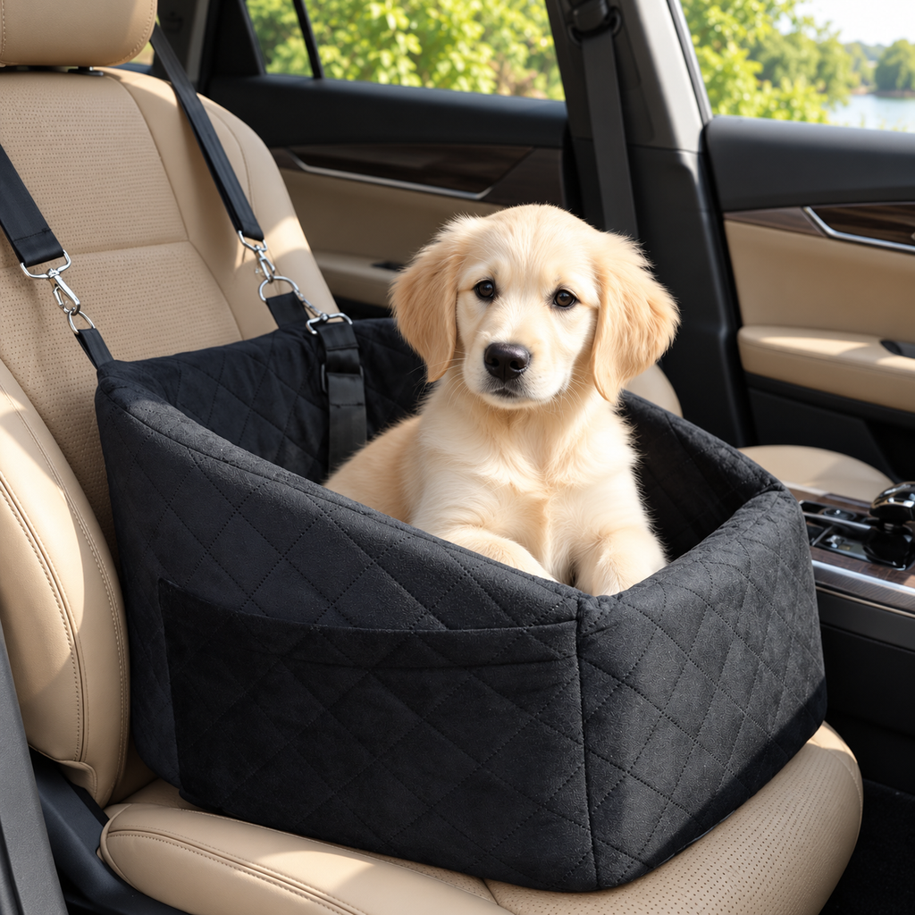 XBwig Foam Dog Car Booster Seat – Argyle Black, Up to 30 lb – main view with dog