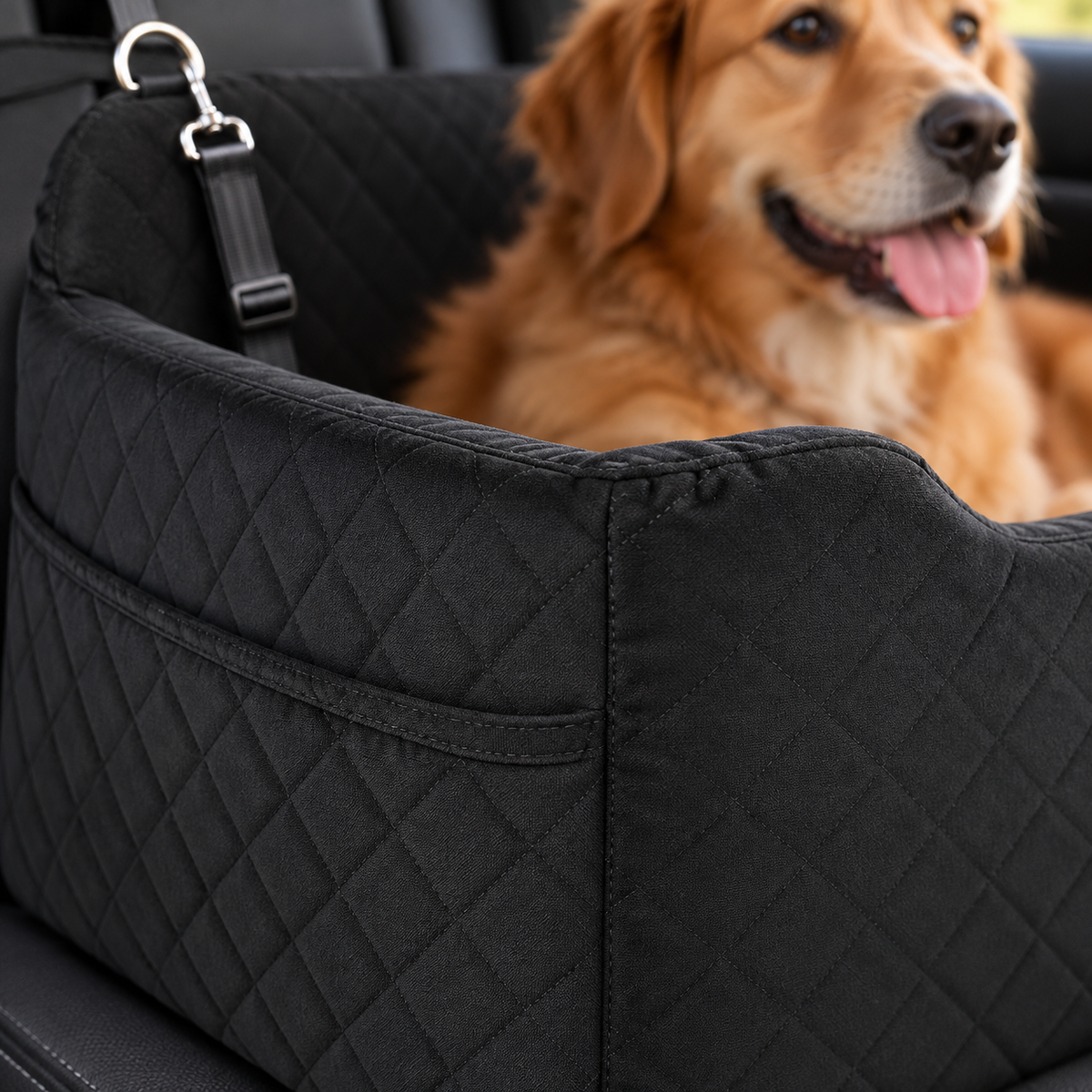 GL GLENSLAVE Raised Foam Dog Car Bed – Black, Up to 50 lb – detail view with dog