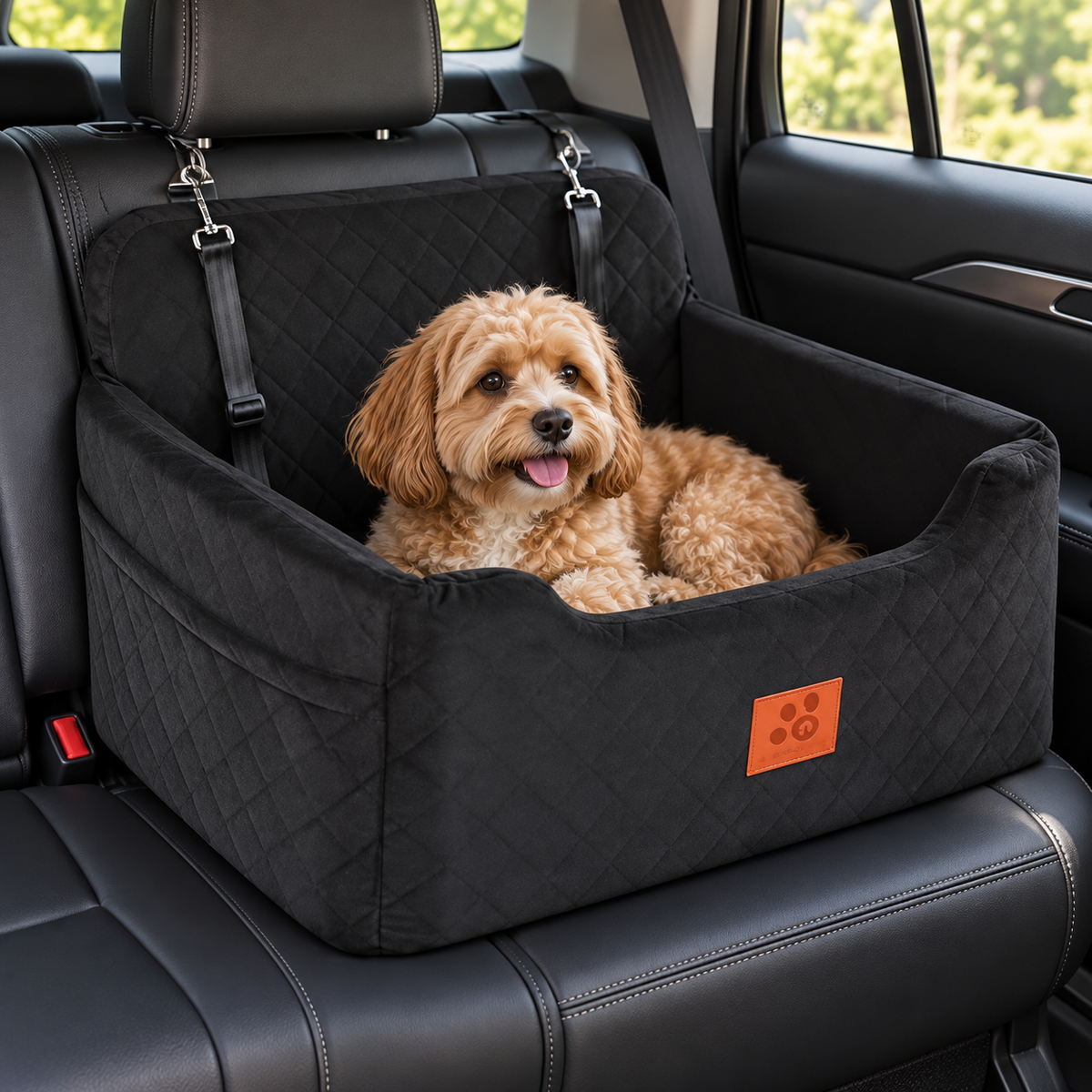 GL GLENSLAVE Raised Foam Dog Car Bed – Black, Up to 50 lb – main view with dog