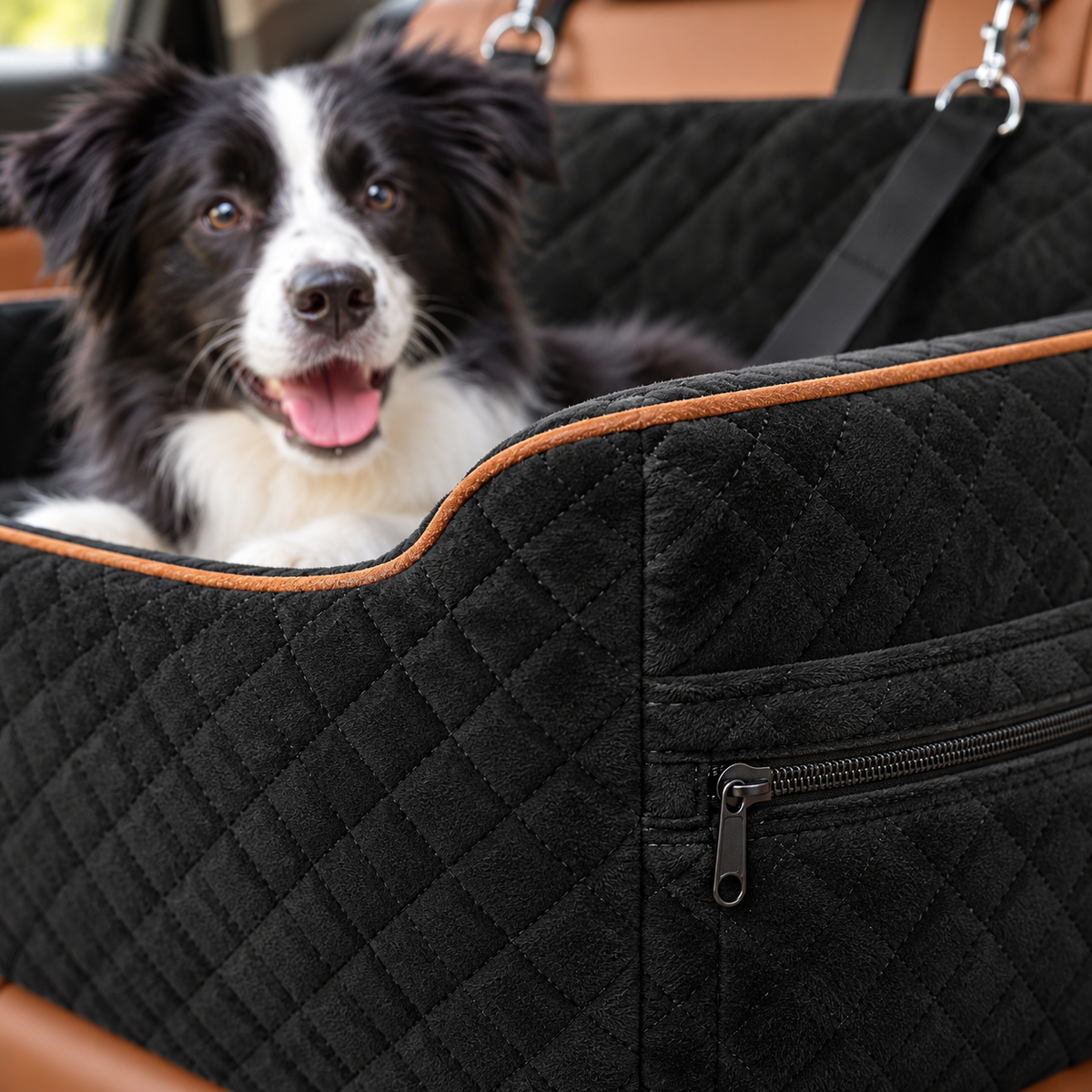 OTOB Foam Dog Car Booster Bed with Reversible Cushion – Black – detail view with dog