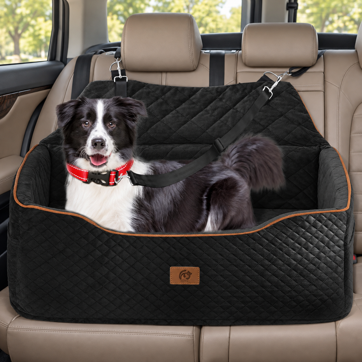 OTOB Foam Dog Car Booster Bed with Reversible Cushion – Black – main view with dog
