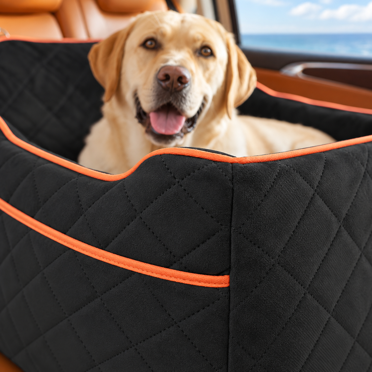 GAOYITK Foam Dog Car Booster Bed – Black, 28 × 20 × 20.5 in – detail view with dog