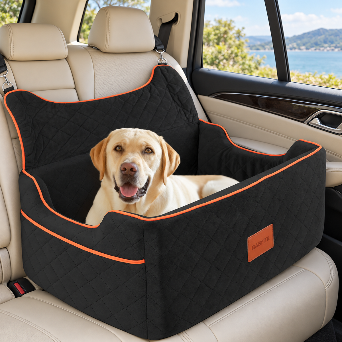 GAOYITK Foam Dog Car Booster Bed – Black, 28 × 20 × 20.5 in – main view with dog